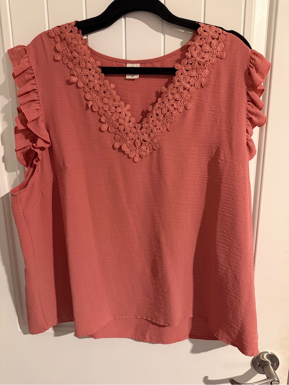 Like Love 3X Coral Rose Lace-Trim Flutter Sleeve Top